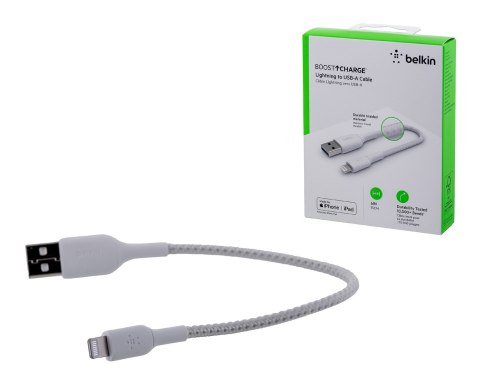 Belkin Kabel Belkin BoostCharge Braided Lightning to USB-A Cable 15cm oplot White Belkin Kabel Belkin BoostCharge Braided Lightning to USB-A Cable 15cm oplot White