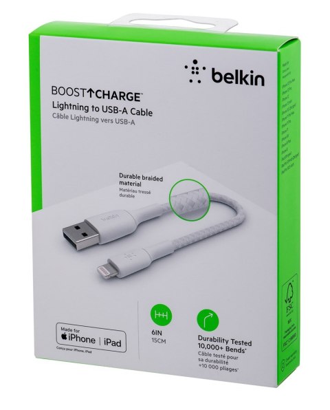 Belkin Kabel Belkin BoostCharge Braided Lightning to USB-A Cable 15cm oplot White Belkin Kabel Belkin BoostCharge Braided Lightning to USB-A Cable 15cm oplot White
