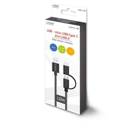 SAVIO Kabel SAVIO CL-128 (Micro USB typu B, USB typu C - USB 2.0 typu A ; 1m; kolor czarny)