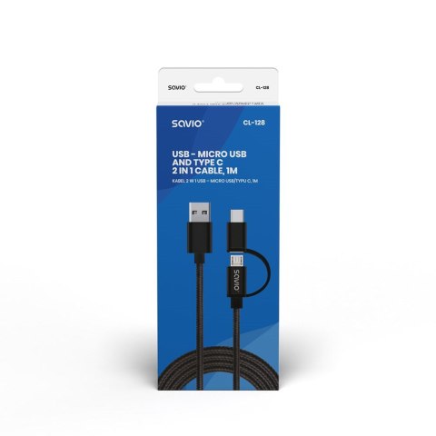 SAVIO Kabel SAVIO CL-128 (Micro USB typu B, USB typu C - USB 2.0 typu A ; 1m; kolor czarny)