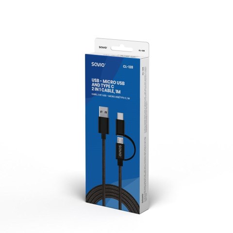 SAVIO Kabel SAVIO CL-128 (Micro USB typu B, USB typu C - USB 2.0 typu A ; 1m; kolor czarny)