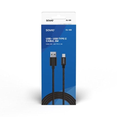SAVIO Kabel SAVIO CL-129 (USB typu C - USB 2.0 typu A ; 2m; kolor czarny) SAVIO Kabel SAVIO CL-129 (USB typu C - USB 2.0 typu A ; 2m; kolor czarny)