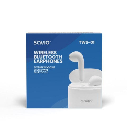 SAVIO Słuchawki bezprzewodowe SAVIO TWS-01 (douszne; bezprzewodowe, Bluetooth; z wbudowanym mikrofonem; kolor biały
