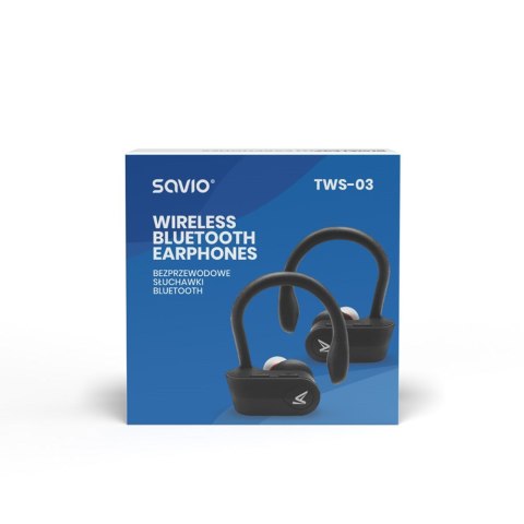 SAVIO Słuchawki bezprzewodowe SAVIO TWS-03 (bluetooth; bezprzewodowe, Bluetooth; z wbudowanym mikrofonem; kolor czarny SAVIO Słuchawki bezprzewodowe SAVIO TWS-03 (bluetooth; bezprzewodowe, Bluetooth; z wbudowanym mikrofonem; kolor czarny