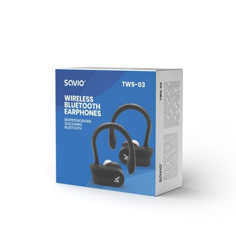 SAVIO Słuchawki bezprzewodowe SAVIO TWS-03 (bluetooth; bezprzewodowe, Bluetooth; z wbudowanym mikrofonem; kolor czarny SAVIO Słuchawki bezprzewodowe SAVIO TWS-03 (bluetooth; bezprzewodowe, Bluetooth; z wbudowanym mikrofonem; kolor czarny