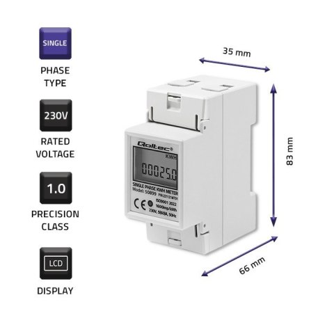 Qoltec QOLTEC LICZNIK ZUŻYCIA ENERGII JEDNOFAZOWY NA SZYNĘ DIN | 230V | LCD | 2P Qoltec QOLTEC LICZNIK ZUŻYCIA ENERGII JEDNOFAZOWY NA SZYNĘ DIN | 230V | LCD | 2P