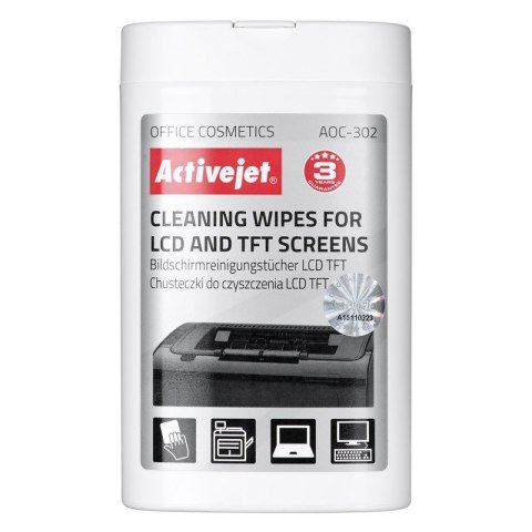 Activejet Activejet AOC-302 chusteczki do matryc LCD. (100 szt.) Nawilżane chusteczki do matryc, usuwające wszelkiego rodzaju zanieczyszcz Activejet Activejet AOC-302 chusteczki do matryc LCD. (100 szt.) Nawilżane chusteczki do matryc, usuwające wszelkiego rodzaju zanieczyszcz