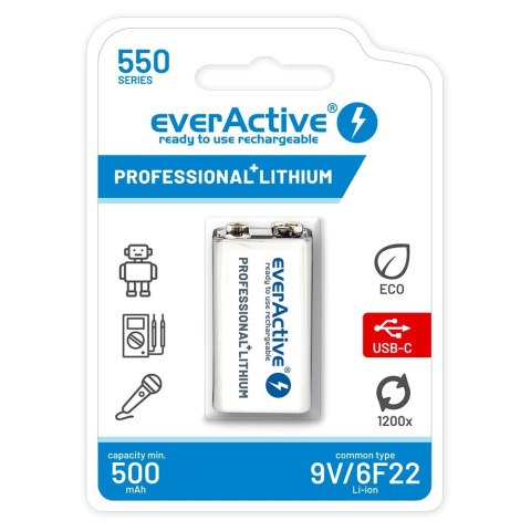 EverActive EVERACTIVE AKUMULATOREK 6F22/9V LI-ION 550 MAH Z USB TYP C EVHR22-550C EverActive EVERACTIVE AKUMULATOREK 6F22/9V LI-ION 550 MAH Z USB TYP C EVHR22-550C
