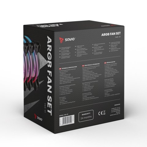 SAVIO SAVIO ZESTAW 4 WENTYLATORÓW ARGB 120 MM WRAZ Z KONTROLEREM ORAZ PILOTEM FAN-01 SAVIO SAVIO ZESTAW 4 WENTYLATORÓW ARGB 120 MM WRAZ Z KONTROLEREM ORAZ PILOTEM FAN-01