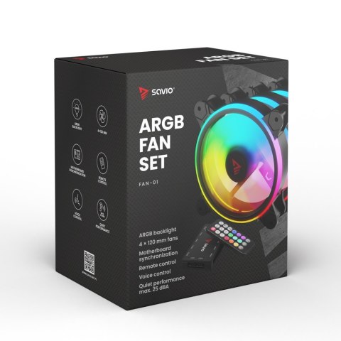 SAVIO SAVIO ZESTAW 4 WENTYLATORÓW ARGB 120 MM WRAZ Z KONTROLEREM ORAZ PILOTEM FAN-01 SAVIO SAVIO ZESTAW 4 WENTYLATORÓW ARGB 120 MM WRAZ Z KONTROLEREM ORAZ PILOTEM FAN-01