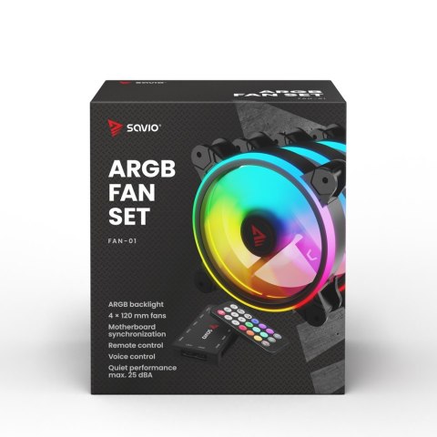 SAVIO SAVIO ZESTAW 4 WENTYLATORÓW ARGB 120 MM WRAZ Z KONTROLEREM ORAZ PILOTEM FAN-01 SAVIO SAVIO ZESTAW 4 WENTYLATORÓW ARGB 120 MM WRAZ Z KONTROLEREM ORAZ PILOTEM FAN-01