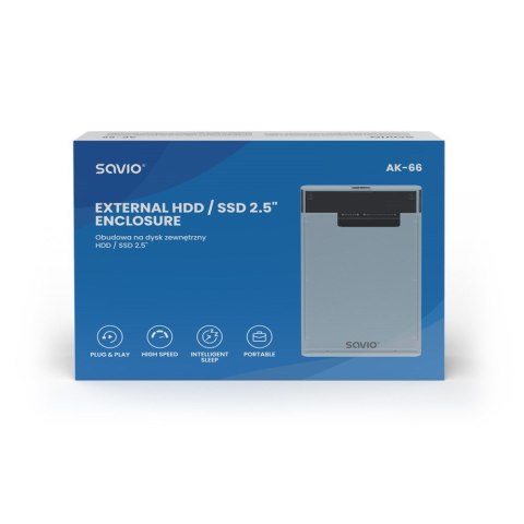SAVIO SAVIO ZEWNĘTRZNA OBUDOWA NA DYSK HDD/SDD 2,5", USB 3.0, TRANSPARENTNA, AK-66 SAVIO SAVIO ZEWNĘTRZNA OBUDOWA NA DYSK HDD/SDD 2,5", USB 3.0, TRANSPARENTNA, AK-66