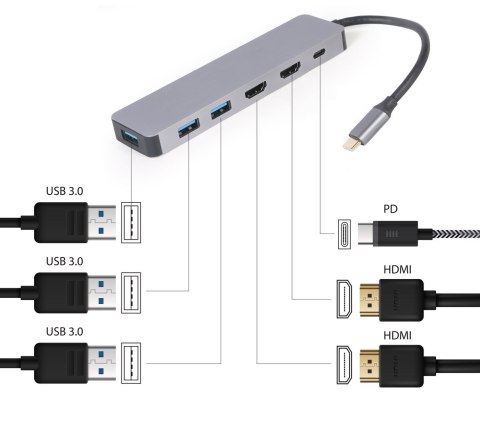 GEMBIRD GEMBIRD MULTI ADAPTER USB TYP-C 3W1 SREBRNY HUB USB, HDMI, PD (100W) GEMBIRD GEMBIRD MULTI ADAPTER USB TYP-C 3W1 SREBRNY HUB USB, HDMI, PD (100W)