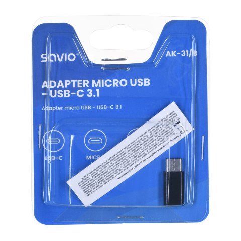 SAVIO Adapter SAVIO AK-31/B (Micro USB F - USB typu C M; kolor czarny) SAVIO Adapter SAVIO AK-31/B (Micro USB F - USB typu C M; kolor czarny)