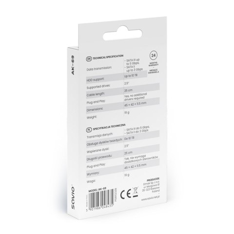 SAVIO SAVIO ADAPTER USB-C 3.1 GEN 1 (M) - SATA (F) DO DYSKÓW 2.5" AK-69 SAVIO SAVIO ADAPTER USB-C 3.1 GEN 1 (M) - SATA (F) DO DYSKÓW 2.5" AK-69
