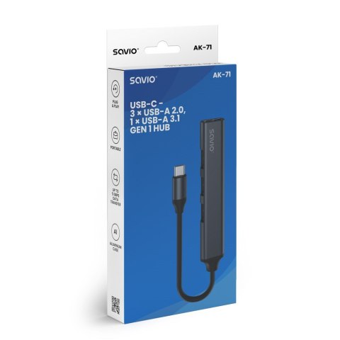 SAVIO SAVIO HUB USB-A - 3 X USB-A 2.0, 1 X USB-A 3.0, SZARY AK-70 SAVIO SAVIO HUB USB-A - 3 X USB-A 2.0, 1 X USB-A 3.0, SZARY AK-70