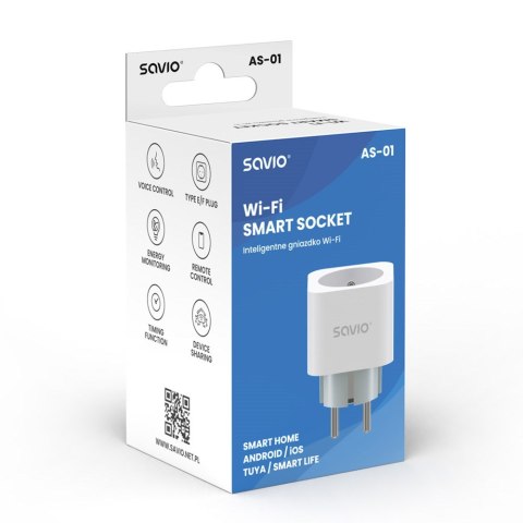 SAVIO SAVIO INTELIGENTNE GNIAZDKO WI-FI, 16A, TIMER, POMIAR ZUŻYCIA ENERGII, AS-01