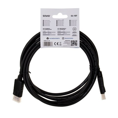 SAVIO Kabel SAVIO CL-137 (DisplayPort M - DisplayPort M; 3m; kolor czarny) SAVIO Kabel SAVIO CL-137 (DisplayPort M - DisplayPort M; 3m; kolor czarny)