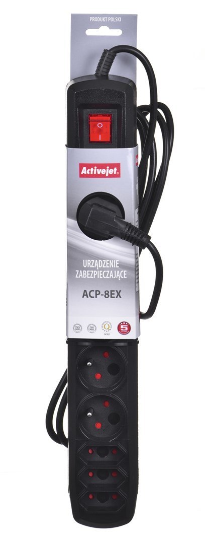 Activejet Listwa przeciwprzepięciowa Activejet APN-8g/3m-BK (3 x Typ C, 5 x UTE; 10 A; 3m; kolor czarny)