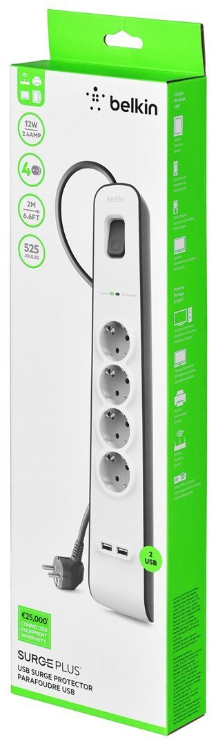 Belkin Listwa zasilająca Belkin Power Surge 4-PORT + 2xUSB-A 2m Grey/White Schuko