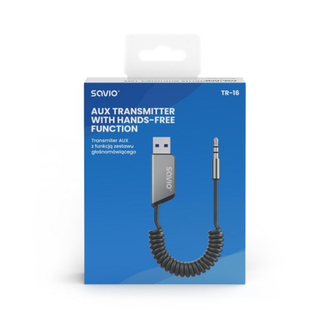 SAVIO SAVIO TRANSMITER AUX, USB, BLUETOOTH 5.3, FUNKCJA ZESTAWU GŁOŚNOMÓWIĄCEGO, TR-16 SAVIO SAVIO TRANSMITER AUX, USB, BLUETOOTH 5.3, FUNKCJA ZESTAWU GŁOŚNOMÓWIĄCEGO, TR-16
