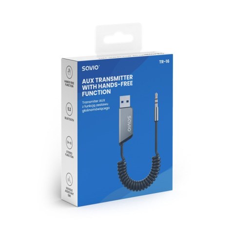SAVIO SAVIO TRANSMITER AUX, USB, BLUETOOTH 5.3, FUNKCJA ZESTAWU GŁOŚNOMÓWIĄCEGO, TR-16 SAVIO SAVIO TRANSMITER AUX, USB, BLUETOOTH 5.3, FUNKCJA ZESTAWU GŁOŚNOMÓWIĄCEGO, TR-16