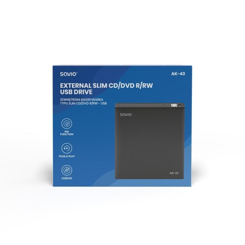 SAVIO SAVIO NAGRYWARKA ZEWNĘTRZNA TYPU SLIM CD/DVD R/RW - USB 2.0 AK-43 SAVIO SAVIO NAGRYWARKA ZEWNĘTRZNA TYPU SLIM CD/DVD R/RW - USB 2.0 AK-43