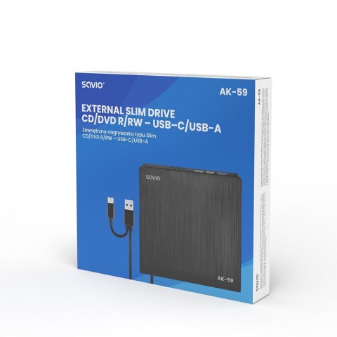 SAVIO SAVIO NAGRYWARKA ZEWNĘTRZNA TYPU SLIM CD/DVD R/RW - USB C/USB-A, AK-59 SAVIO SAVIO NAGRYWARKA ZEWNĘTRZNA TYPU SLIM CD/DVD R/RW - USB C/USB-A, AK-59