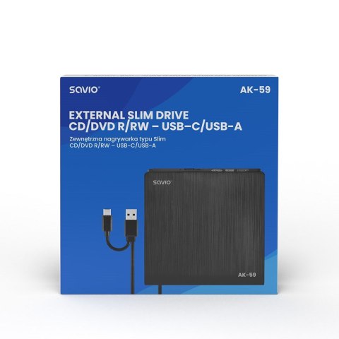 SAVIO SAVIO NAGRYWARKA ZEWNĘTRZNA TYPU SLIM CD/DVD R/RW - USB C/USB-A, AK-59 SAVIO SAVIO NAGRYWARKA ZEWNĘTRZNA TYPU SLIM CD/DVD R/RW - USB C/USB-A, AK-59
