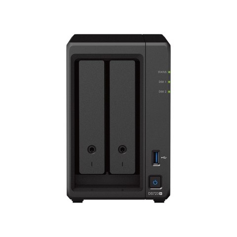 Synology NAS Synology DS723+; Tower; 2x (3.5" SATA HDD); AMD Ryzen R1600;,2GB DDR4 ECC (max. 32GB), 2x 1GbE RJ-45