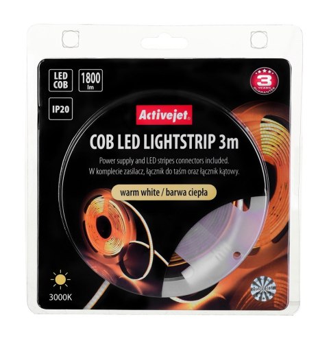 Activejet Taśma LED COB 3m z zasilaczem barwa ciepła IP20