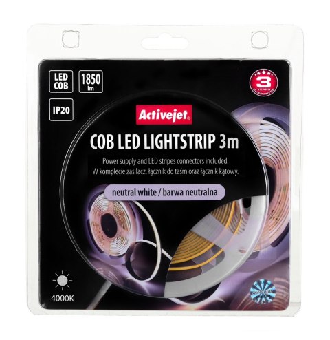 Activejet Taśma LED COB 3m z zasilaczem barwa neutralna IP20