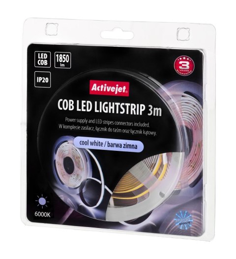 Activejet Taśma LED COB 3m z zasilaczem barwa zimna IP20