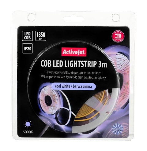Activejet Taśma LED COB 3m z zasilaczem barwa zimna IP20