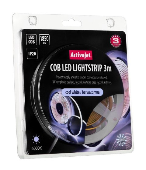 Activejet Taśma LED COB 3m z zasilaczem barwa zimna IP20