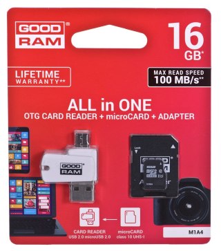 GoodRam Karta pamięci z adapterem i czytnikiem kart GoodRam All in one M1A4-0160R12 (16GB; Class 10; Adapter, Czytnik kart MicroSDHC, Ka