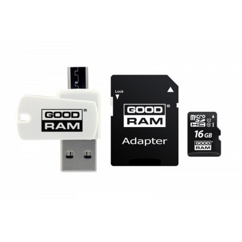 GoodRam Karta pamięci z adapterem i czytnikiem kart GoodRam All in one M1A4-0160R12 (16GB; Class 10; Adapter, Czytnik kart MicroSDHC, Ka