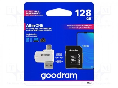 GoodRam Karta pamięci z adapterem i czytnikiem kart GoodRam All in one M1A4-1280R12 (128GB; Class 10; Adapter, Czytnik kart MicroSDHC, K GoodRam Karta pamięci z adapterem i czytnikiem kart GoodRam All in one M1A4-1280R12 (128GB; Class 10; Adapter, Czytnik kart MicroSDHC, K
