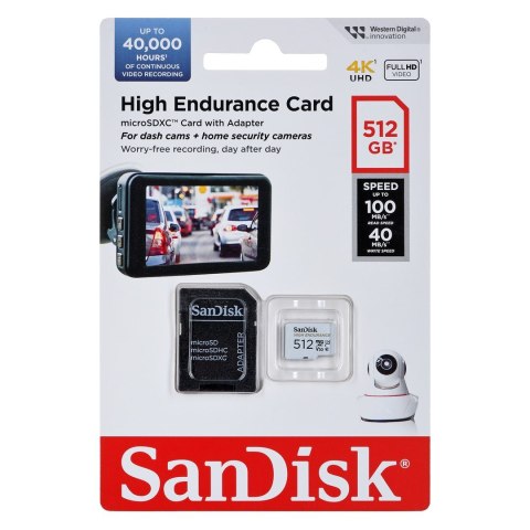 SanDisk KARTA PAMIĘCI SANDISK HIGH ENDURANCE (rejestratory i monitoring) microSDXC 512GB V30 z adapterem SanDisk KARTA PAMIĘCI SANDISK HIGH ENDURANCE (rejestratory i monitoring) microSDXC 512GB V30 z adapterem