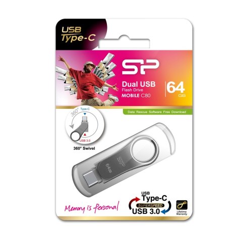 Silicon Power Pendrive Silicon Power Mobile C80 64GB Dual USB 3.1/Type-C Silver (SP064GBUC3C80V1S)