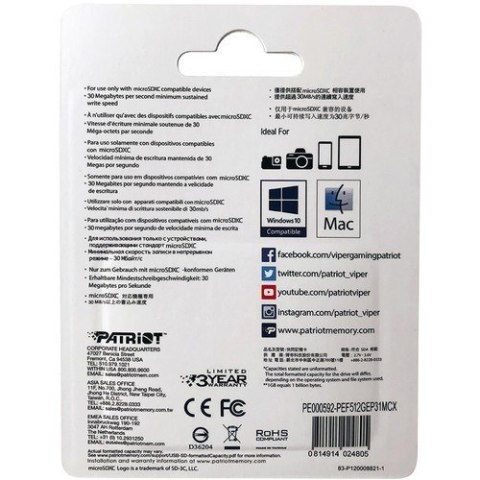 Patriot Memory Karta pamięci z adapterem Patriot Memory EP Pro PEF512GEP31MCX (512GB; Class 10, Class A1, Class U3, V30; Adapter, Karta pamięci