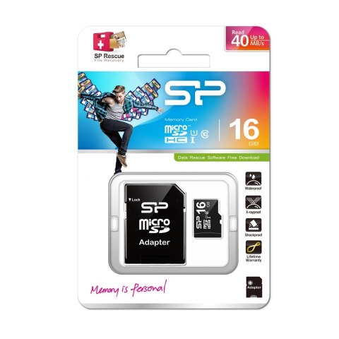 Silicon Power Karta pamięci Silicon Power microSDHC 16GB Class 10 + ADAPTER microSD-SD (SP016GBSTH010V10SP)