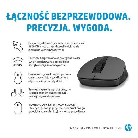 Hewlett-Packard Mysz HP 150 Wireless Mouse bezprzewodowa czarna 2S9L1AA Hewlett-Packard Mysz HP 150 Wireless Mouse bezprzewodowa czarna 2S9L1AA