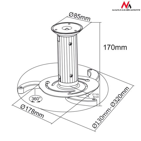 Maclean Uchwyt sufitowy do projektora Maclean MC-515 (80 mm - 170 mm; 10 kg; kolor srebrny, kolor szary) Maclean Uchwyt sufitowy do projektora Maclean MC-515 (80 mm - 170 mm; 10 kg; kolor srebrny, kolor szary)