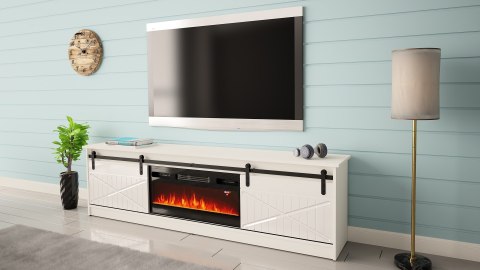 Cama MEBLE Szafka RTV GRANERO+kominek 200x56,7x35 biały/biały połysk