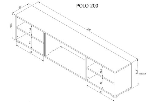 Cama MEBLE Szafka RTV POLO 180x33x39 biały + kominek czarny