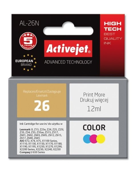 Activejet Activejet AL-26N Tusz (zamiennik Lexmark 26 10N0026; Supreme; 12 ml; kolor) Activejet Activejet AL-26N Tusz (zamiennik Lexmark 26 10N0026; Supreme; 12 ml; kolor)