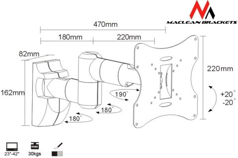 Maclean Uchwyt ścienny do monitora Maclean MC-503S (Obrotowy, ścienne, Uchylny; 23" - 42"; max. 30kg) Maclean Uchwyt ścienny do monitora Maclean MC-503S (Obrotowy, ścienne, Uchylny; 23" - 42"; max. 30kg)