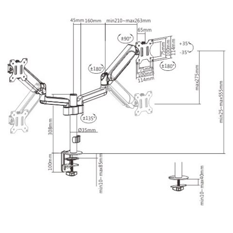 GEMBIRD GEMBIRD BIURKOWE REGULOWANE RAMIĘ/UCHWYT NA 2 MONITORY 17-32, 100X100MM, DO 9 KG