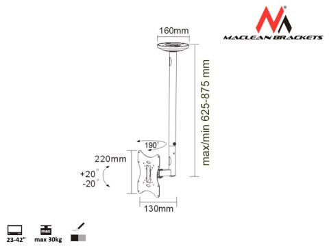 Maclean Uchwyt ścienny do telewizora Maclean MC-504S (Obrotowy, sufitowy, Uchylny - 42"; max. 30kg)